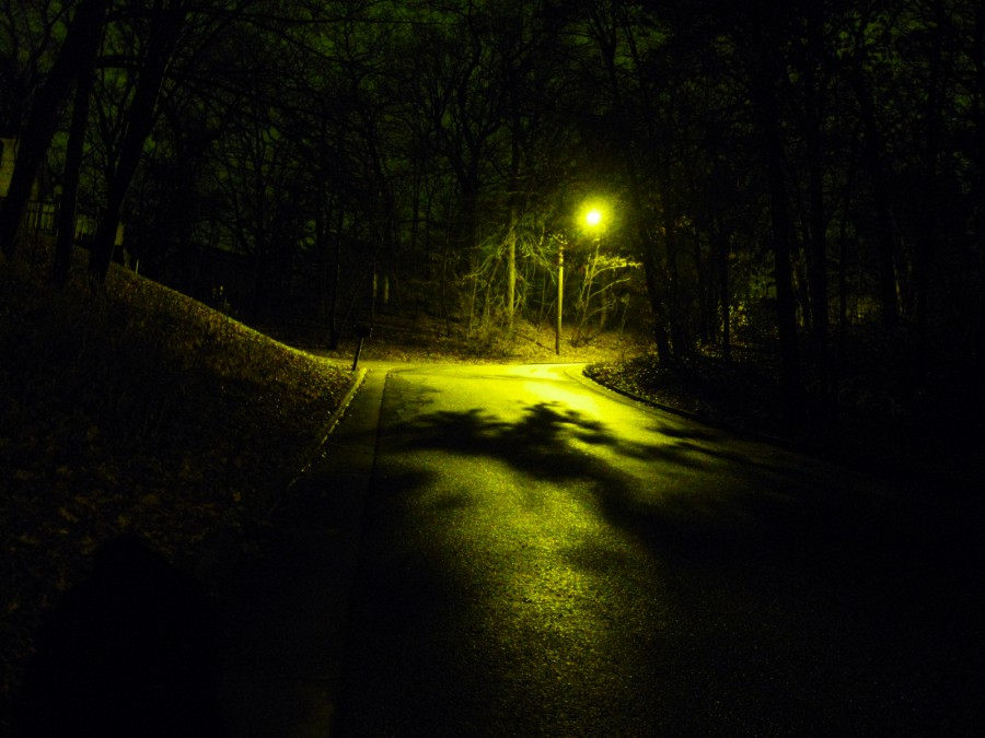 A dark photograph of a quiet, curved road at night, illuminated by a single yellow-green streetlight. The pavement glistens in damp green-yellow reflection, and the surrounding trees cast long, eerie shadows across the road, surrounded by dark forests and hills. Digital photograph taken on a Canon PowerShot A1000 IS in northeast Eau Claire, WI, in the Spring of 2011.