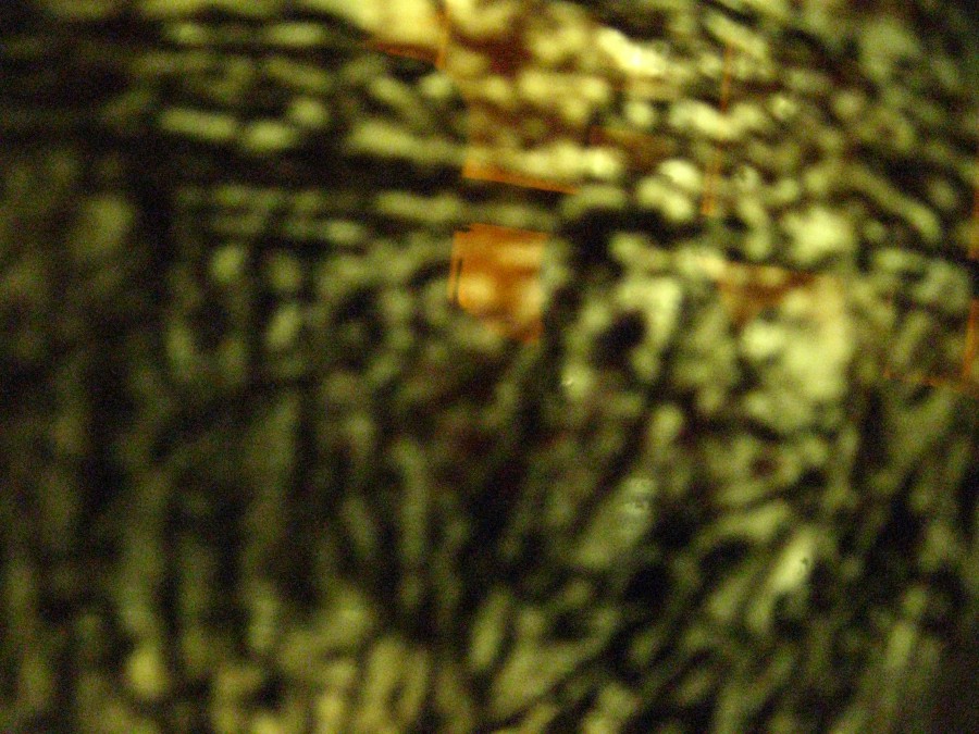 A close-up of a dirty, grime-covered window, dominating the foreground with an abstract, blurry texture. Behind the window, orange-tinted light glows faintly, while a small, sharp detail near the center-right appears like an "eye" or reflection, adding an eerie, ghostly suggestion. The photo's lack of clarity amplifies the mysterious, haunting vibe.