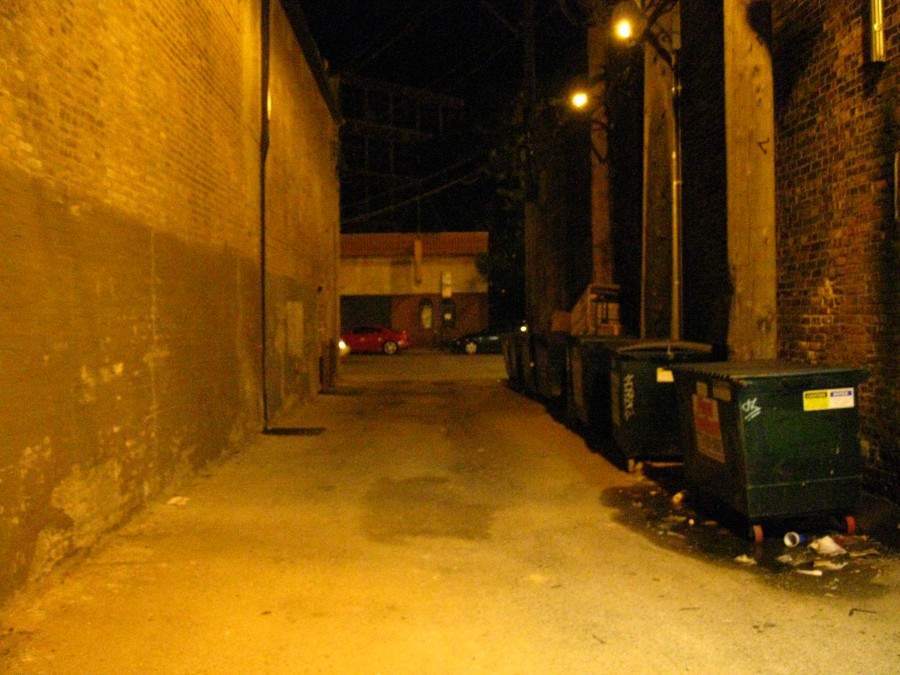 A dark alley photograph featuring a row of green dumpsters on the right side and tall brick walls on both sides. Dim yellow lighting casts long shadows, and the ground is littered with debris. Overhead utility wires crisscross above, adding to the urban and slightly eerie environment.