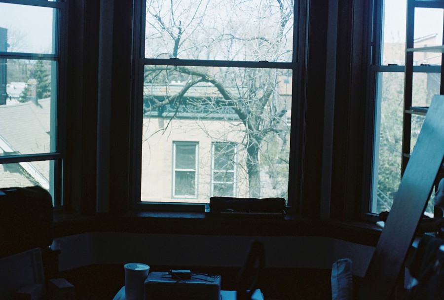 Another serene view from a window, this time more focused on the surroundings outside. The classic wooden window frame provides a glimpse of a neighboring building with muted beige siding. Tree branches with sparse leaves add texture to the urban landscape, while soft natural light floods the room, reflecting off the glass.