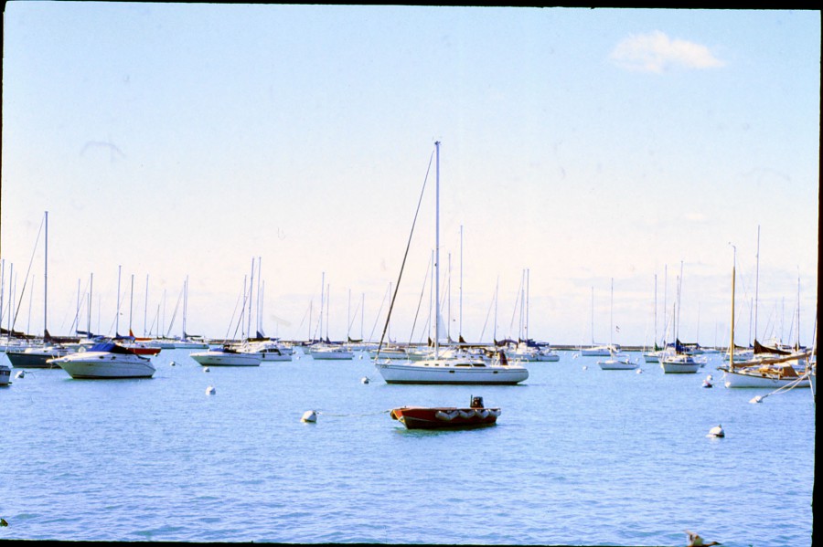 A view of Lake Michigan shows a red boat prominently in the foreground, anchored among a cluster of sailboats. The blue sky and calm water create a tranquil backdrop, with the fine grain of the slide film adding texture to the composition. The boats' masts rise vertically, creating a rhythmic pattern across the scene.