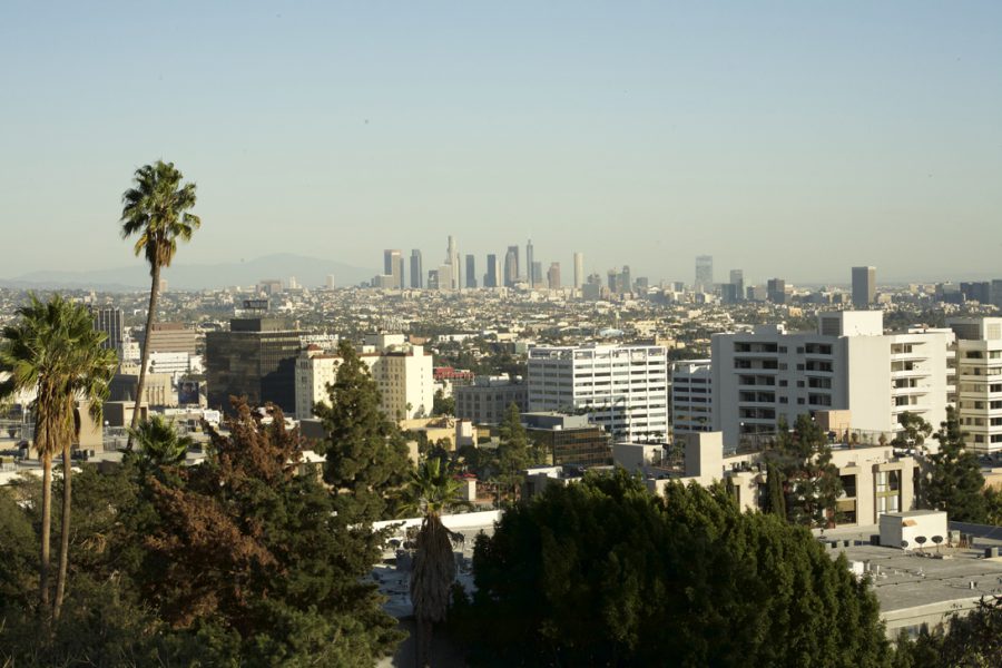 A wide view of Los Angeles from Runyon Canyon, looking out toward the downtown skyline. The city stretches out in layers of low-rise buildings leading up to the iconic skyscrapers like the Wilshire Grand Center and the U.S. Bank Tower, both standing tall and distinct. Palm trees frame the image in the foreground, while the hazy horizon and faint outlines of distant mountains emphasize the city’s sprawling nature. The clear blue sky adds a bright, open feel to the scene.