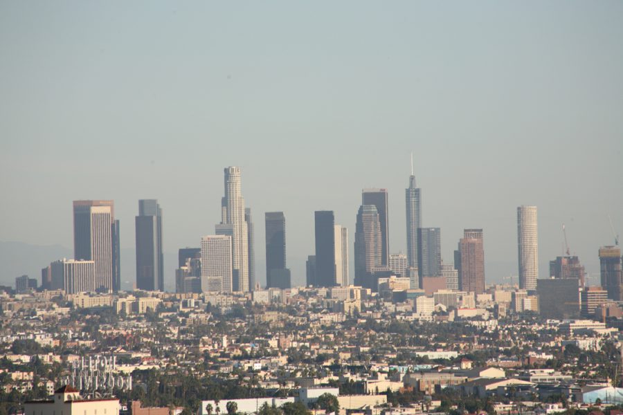 A closer view of downtown Los Angeles taken from Runyon Canyon. The focus is on the tall, modern skyscrapers, including the U.S. Bank Tower with its rounded top and the Wilshire Grand Center featuring a pointed spire. The density of the urban area is striking, with tightly packed buildings extending toward the horizon. The foreground showcases a more subdued landscape of smaller residential and commercial buildings.