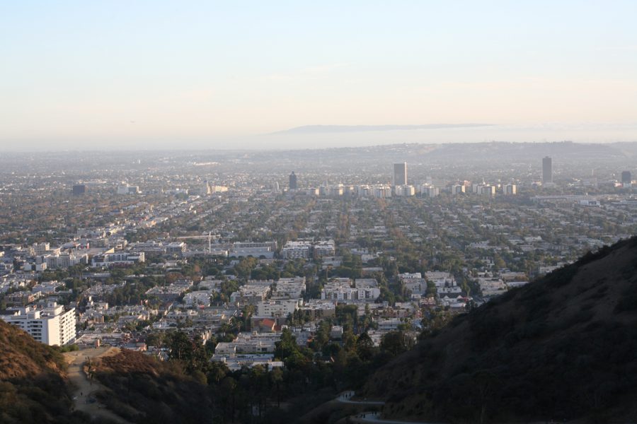 The view from Runyon Canyon overlooking Los Angeles, with a wide expanse of the city stretching out in every direction. The foreground features the rugged hillside trail, while the middle ground includes dense residential neighborhoods with white buildings and tree-lined streets. The background appears to show a faint outline of Catalina Island or possibly a southern mountain range, sitting under a slightly hazy sky that softens the horizon.