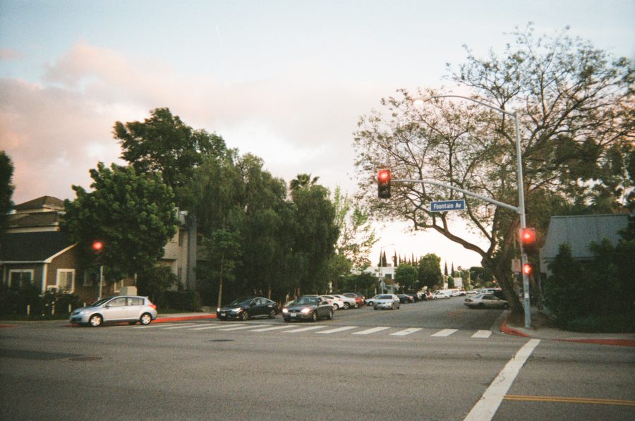 A street view at the intersection of Fountain Avenue in West Hollywood, showing a crosswalk and multiple cars stopped at a red light, with lush green trees and modest residential buildings in the background under a slightly overcast sky.