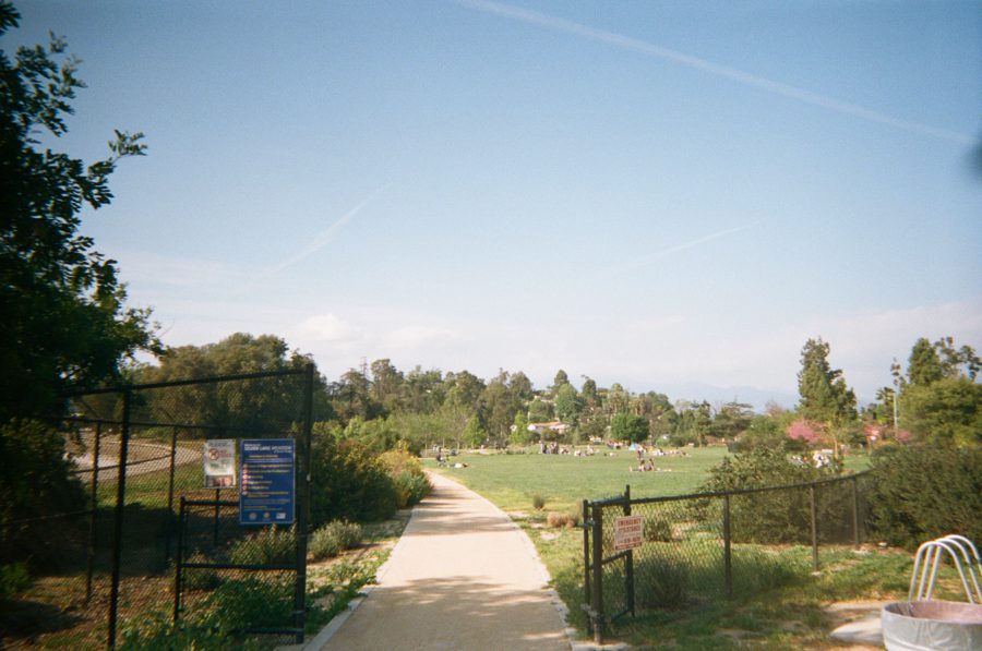 The entrance to Silverlake Meadows, framed by a paved pathway leading into a spacious grassy park with scattered groups of people enjoying the open area. The scene is bordered by trees and framed by a signboard near the fence at the entrance.