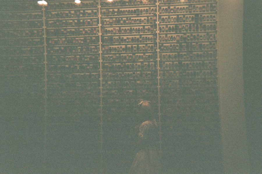 A wide shot of the antique vial collection with Lauren standing in front of the display, her white gothic lolita dress contrasting against the dark backdrop of the towering shelves filled with historical glassware.