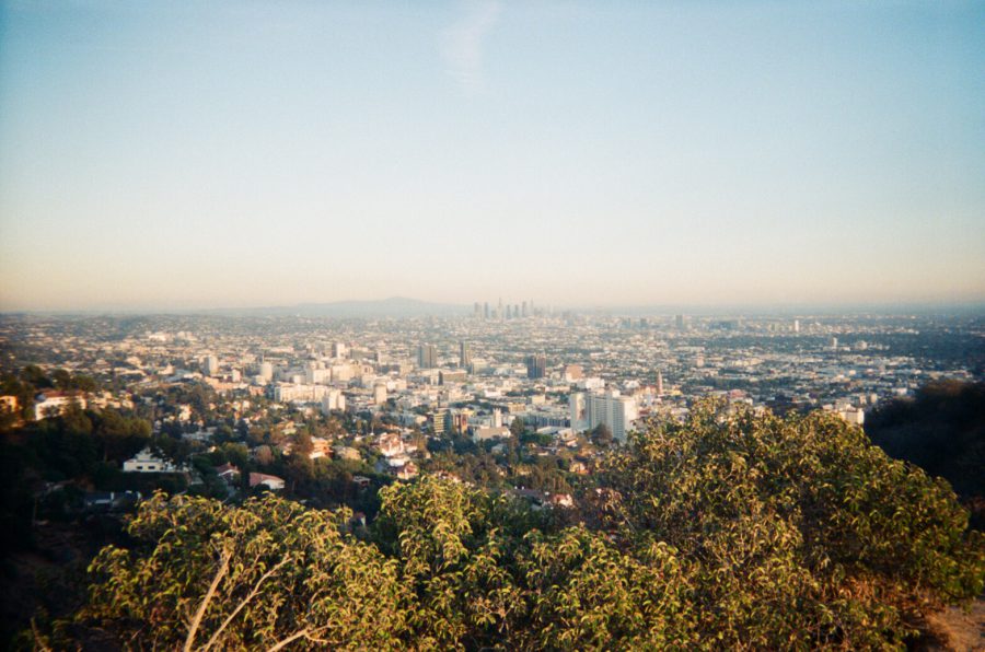 A wide view of Los Angeles from Runyon Canyon. In the foreground, green bushes frame the scene, while the sprawling urban landscape stretches out beneath a clear sky. Downtown Los Angeles' skyline is visible in the center, with distant mountains forming a hazy backdrop. The cityscape includes residential neighborhoods and high-rise buildings.