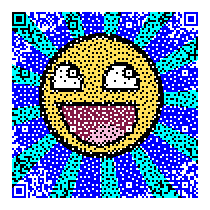 An animated smiley face QR code that links to the word Awesome.