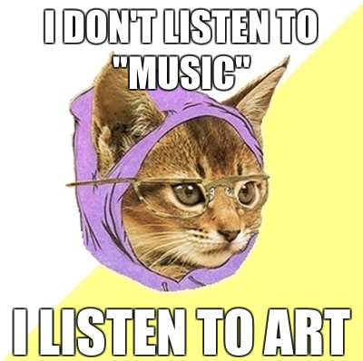 i don't listen to music, i listen to art hipster kitty meme
