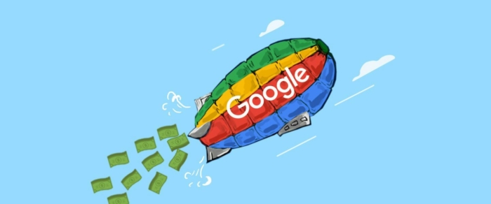 digiday google blimp in the sky dropping dollar bills (digiday illustration)