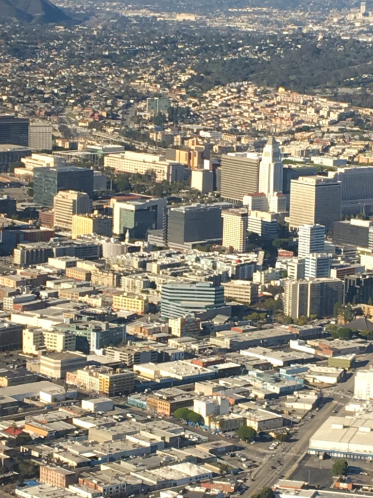 los angeles city hall, grand park, surrounding buildings from above