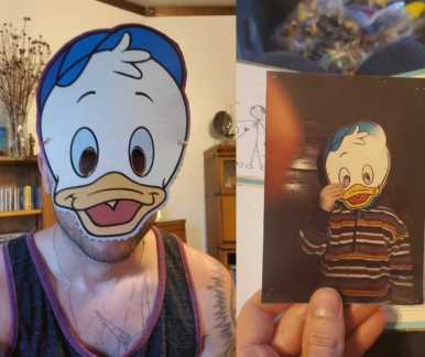 Ethan Hulbert in a Dewey Duck mask as an adult and as a child.