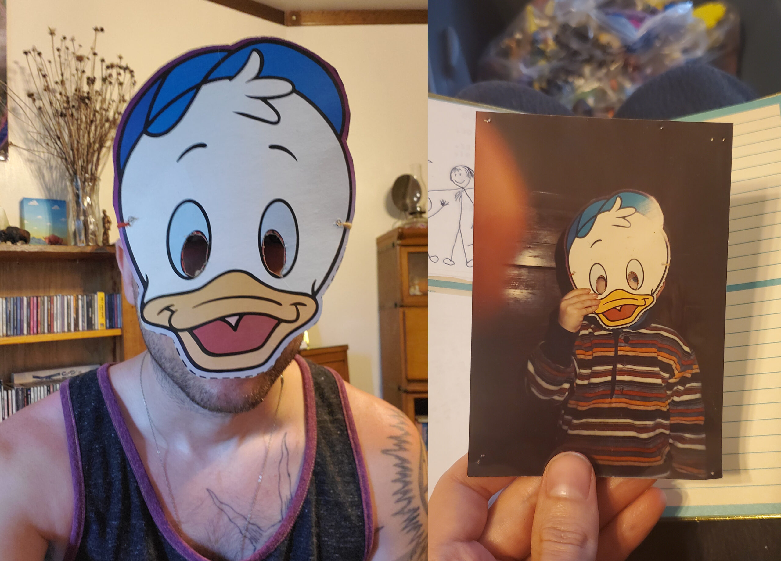 Ethan Hulbert in a Dewey Duck mask as an adult and as a child.