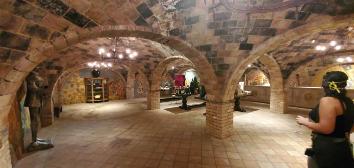 Amazing arched stone dungeon ceiling and walls in the Castello di Amorosa dungeon.