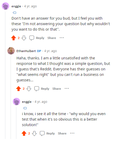 someone replying to me on reddit sympathizing with the lack of useful responses