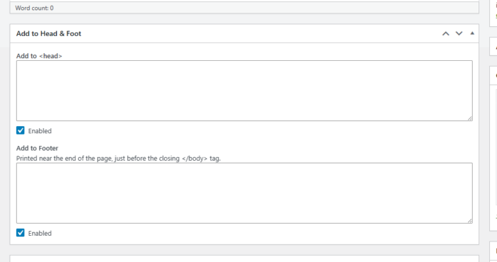 screenshot of add to header and footer component on new post or page screen