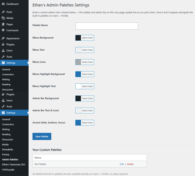 menu screenshot of the custom color choosing options for designing your own wordpress color scheme