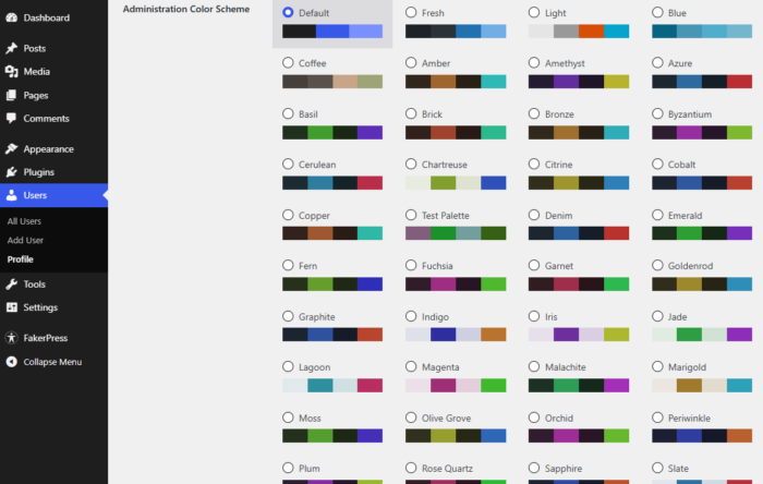 some of the color palette options for the wordpress admin user dashboard