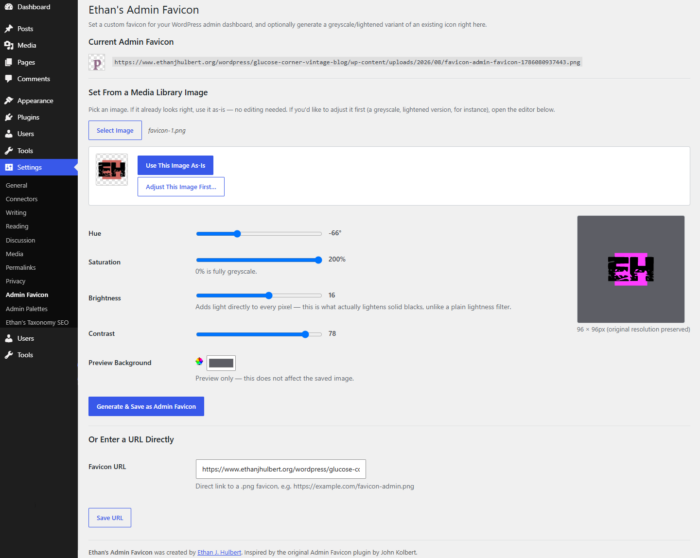 screenshot of custom admin favicon generator tool wordpress plugin