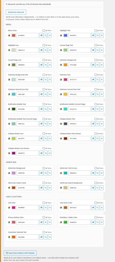 screenshot of advanced color customization options for wordpress admin dashboard backend