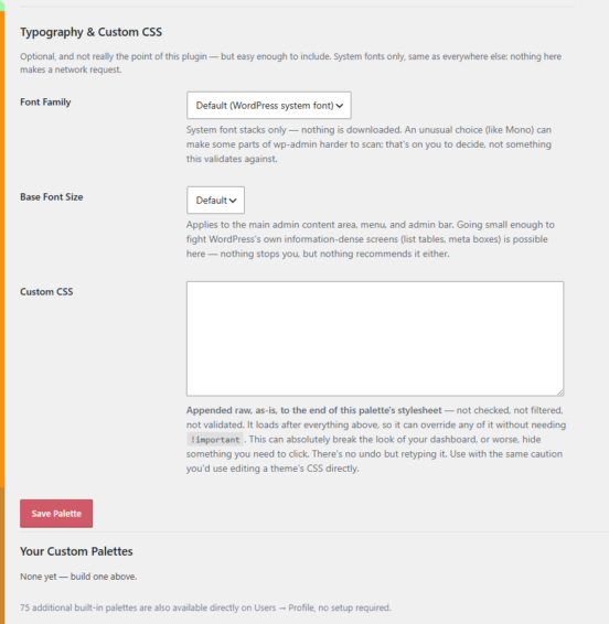 screenshot of admin dashboard custom typography font size and css entry fields