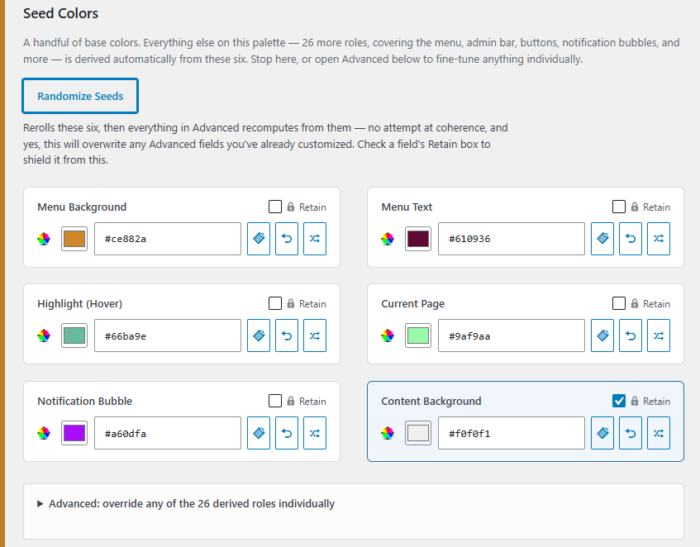 screenshot of color customization tool for admin dashboard with seed colors
