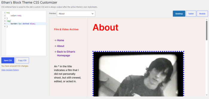 screenshot of ethans block theme css customizer workaround wordpress enhancement