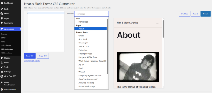 screenshot of admin dashboard wordpress with page selectors for css block theme editor plugin