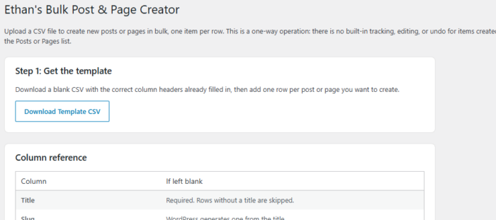 screenshot of ethan's en masse bulk page or post creator wordpress plugin