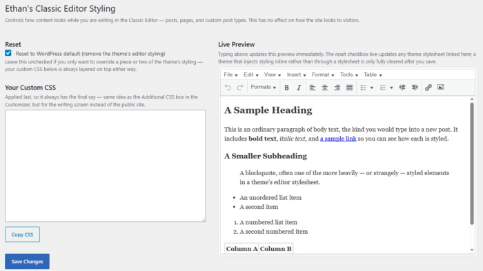 classic editor on admin new page post editor custom styles plugin