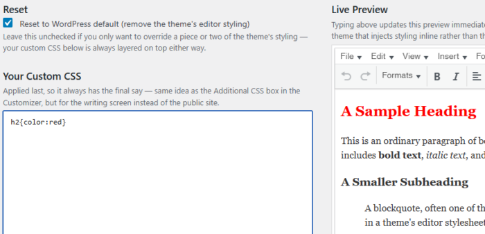 plugin to reset and customize wordpress admin classic editor css styles