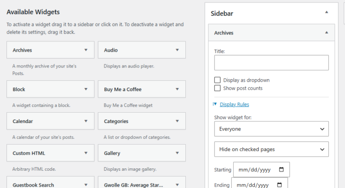screenshot of wordpress widgets page with plugin control display panel