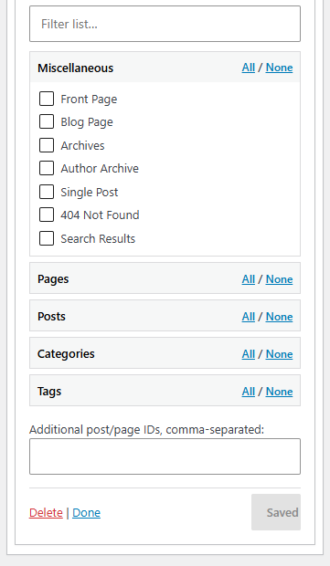 screenshot of bottom of widget control panel for hiding and showing custom plugin