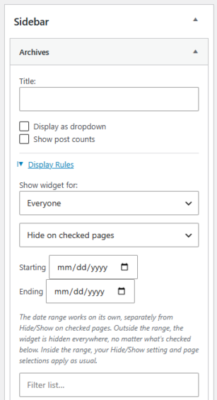screenshot of top of new display widgets control panel with various admin options