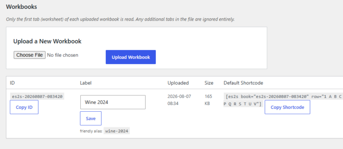 screenshot of plugin settings for spreadsheet to shortcode display wordpress plugin