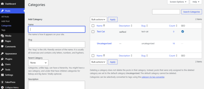 WordPress Category and Tag SEO editing screen for Add New and List All