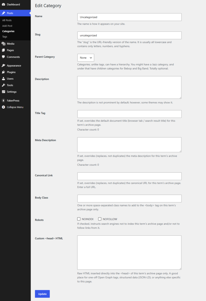 Full Screenshot of Enhanced Edit Category SEO Field Entry Screen