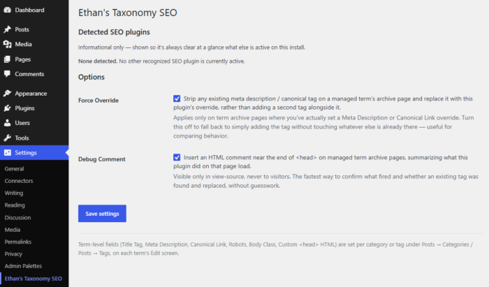 Screenshot of Taxonomy SEO WordPress Plugin Settings with Override Options for Categories and Tags
