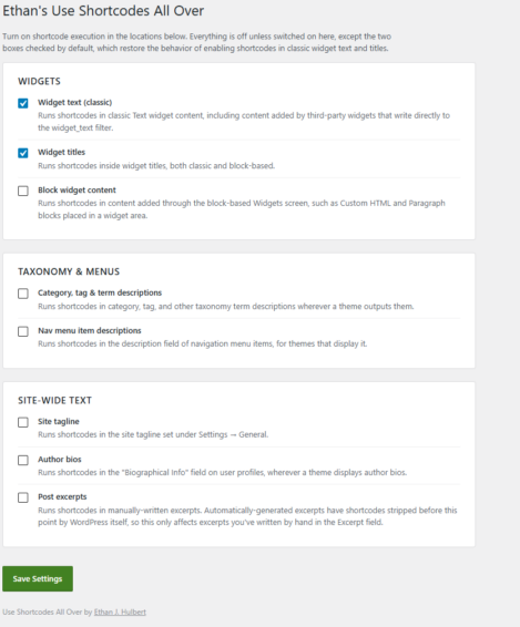 complete screenshot of use shortcodes all over in widgets and beyond wordpress plugin dashboard