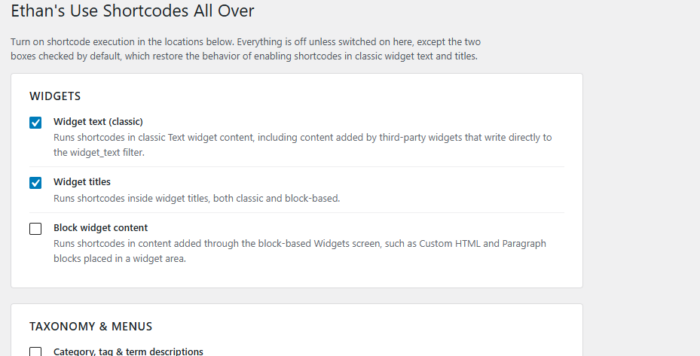 screenshot of shortcodes in widgets and all over free wordpress plugin controls