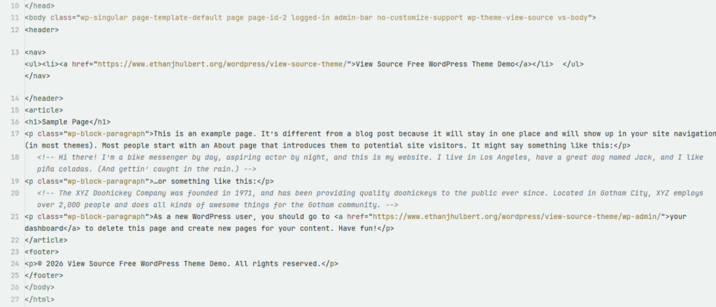light mode original view source formatting screen wordpress theme